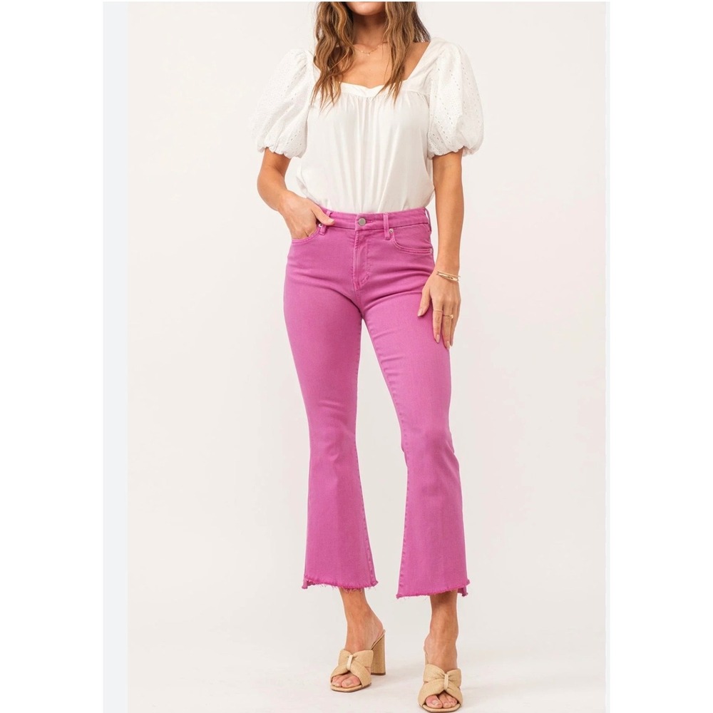 Dear John Jeanne Flare Magenta Pink Cropped Raw Hem Jeans 30 High Rise Stretch